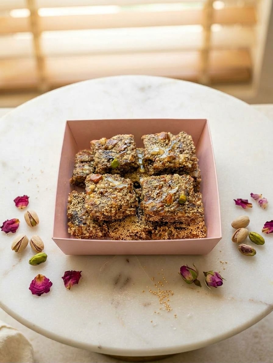Anjeer dates burfi with nuts and seeds in a pink gift box