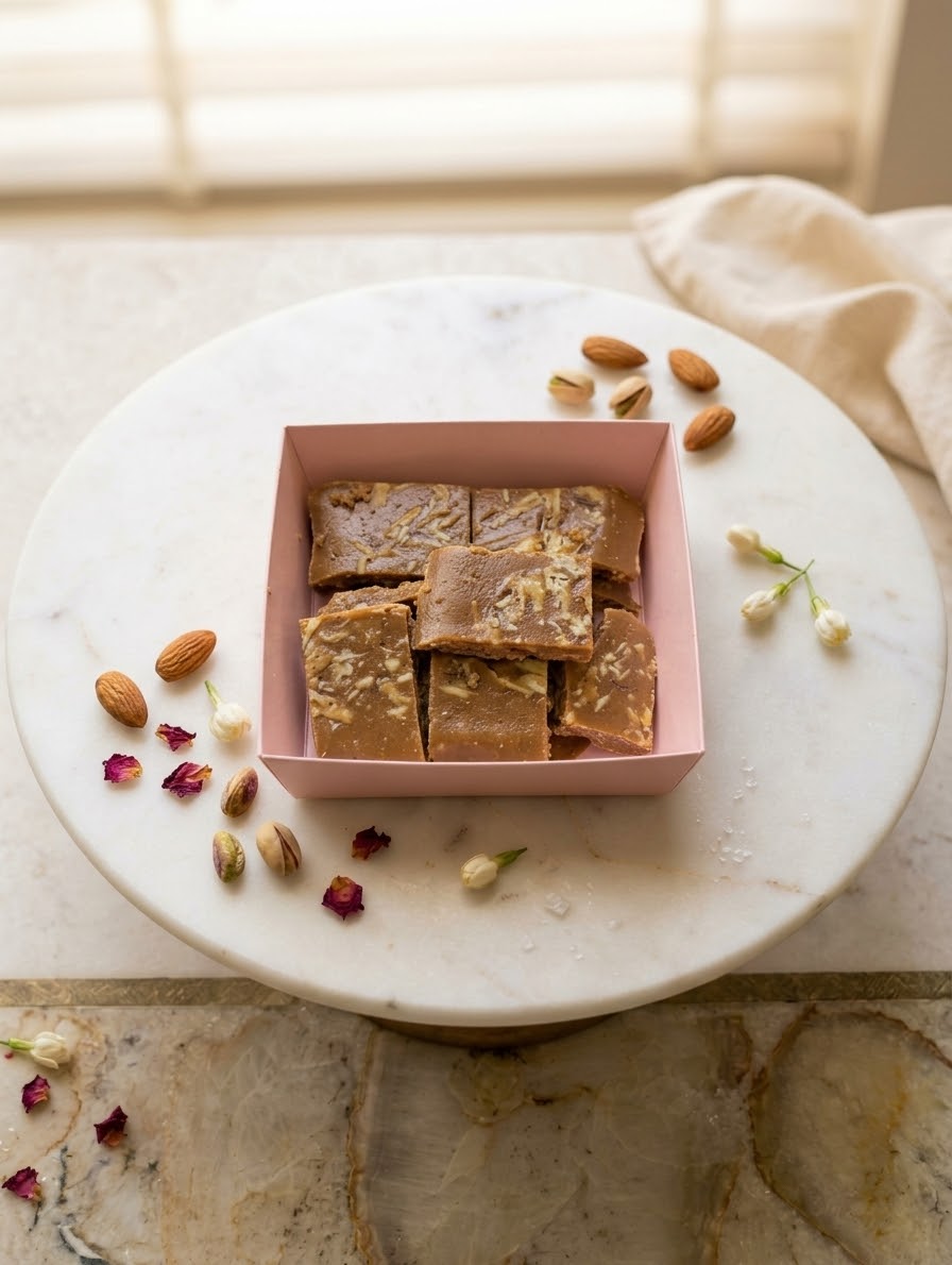Besan burfi squares with sliced almonds in a pink gift box