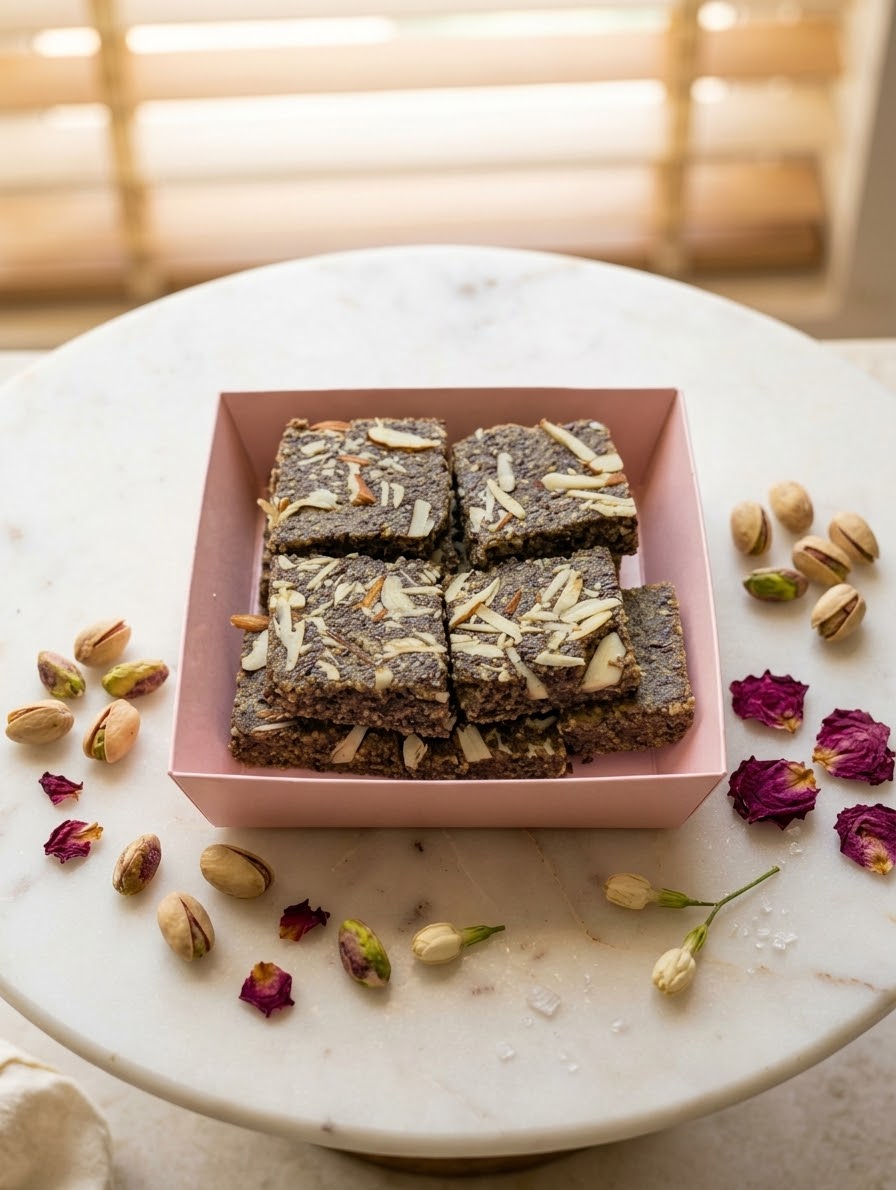 Flaxseed burfi topped with sliced almonds in a pink gift box