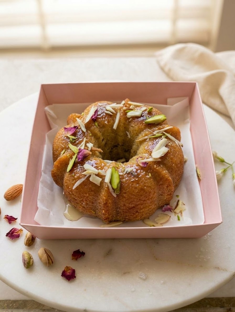 Gulab jamun bundt cake garnished with pistachios and almonds