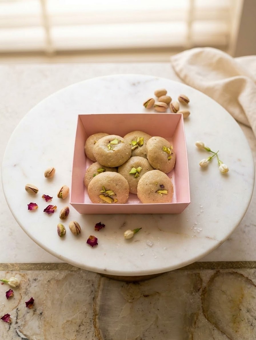 Mawa peda garnished with pistachios in a pink gift box