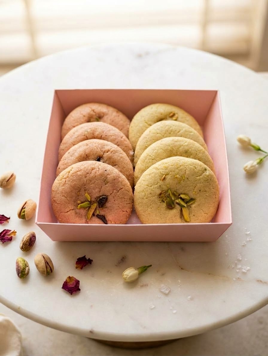 Box of naan khatai cookies topped with pistachios